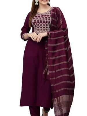 Women Cotton Blend Embroidered Kurta With Pant And Dupatta
