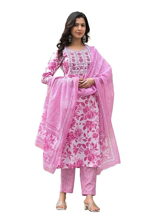 Women Embroidery Straight Floral Printed Kurta and Pant Set with Dupatta