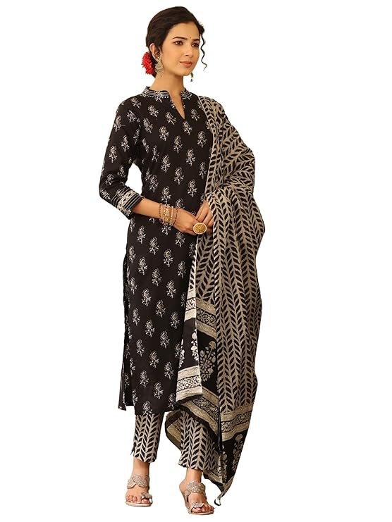 Cotton Blend Paisley Printed Straight Kurta Pant with Dupatta
