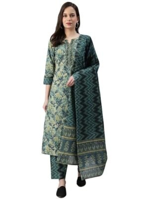 Women's Cotton Blend Floral Printed Straight Kurta Pant With Dupatta