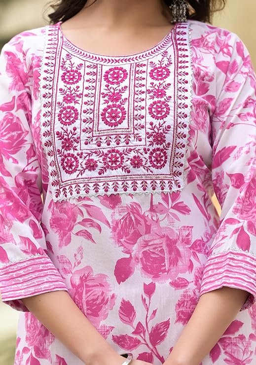 Women Embroidery Straight Floral Printed Kurta and Pant Set with Dupatta