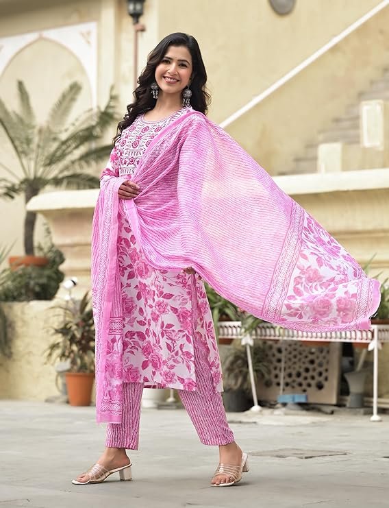 Women Embroidery Straight Floral Printed Kurta and Pant Set with Dupatta