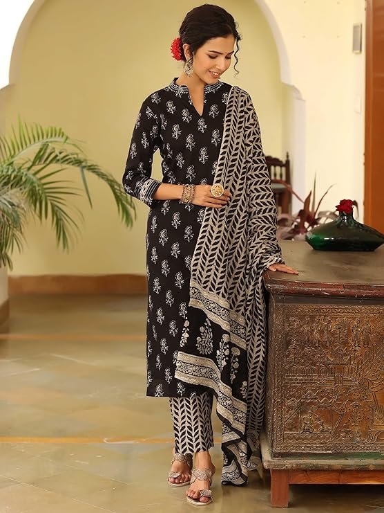 Cotton Blend Paisley Printed Straight Kurta Pant with Dupatta